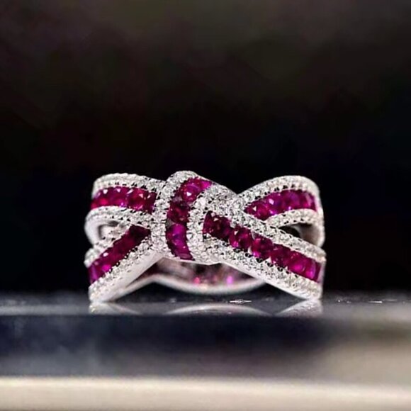 18k White Gold Ruby Diamond Ring Knot Ring Band - Picture 1 of 4